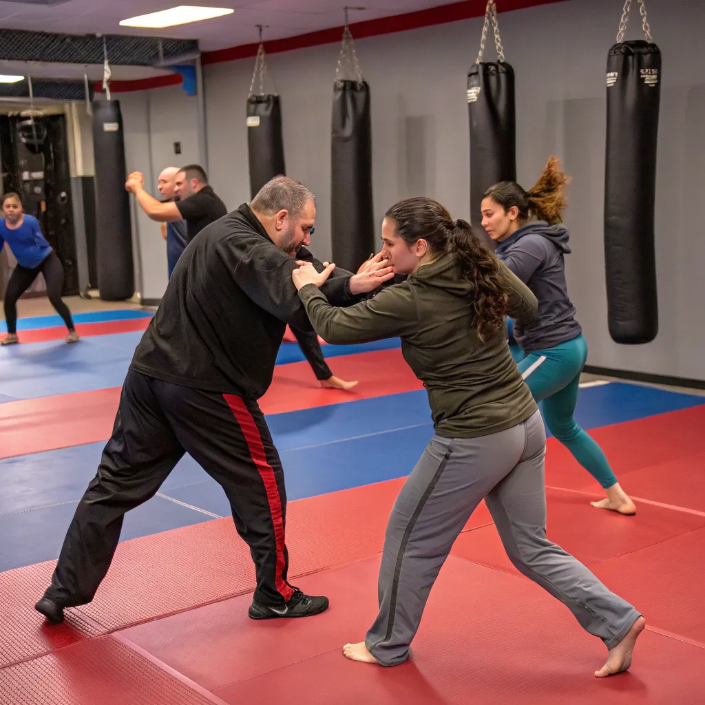 People practicing self-defense techniques in a course